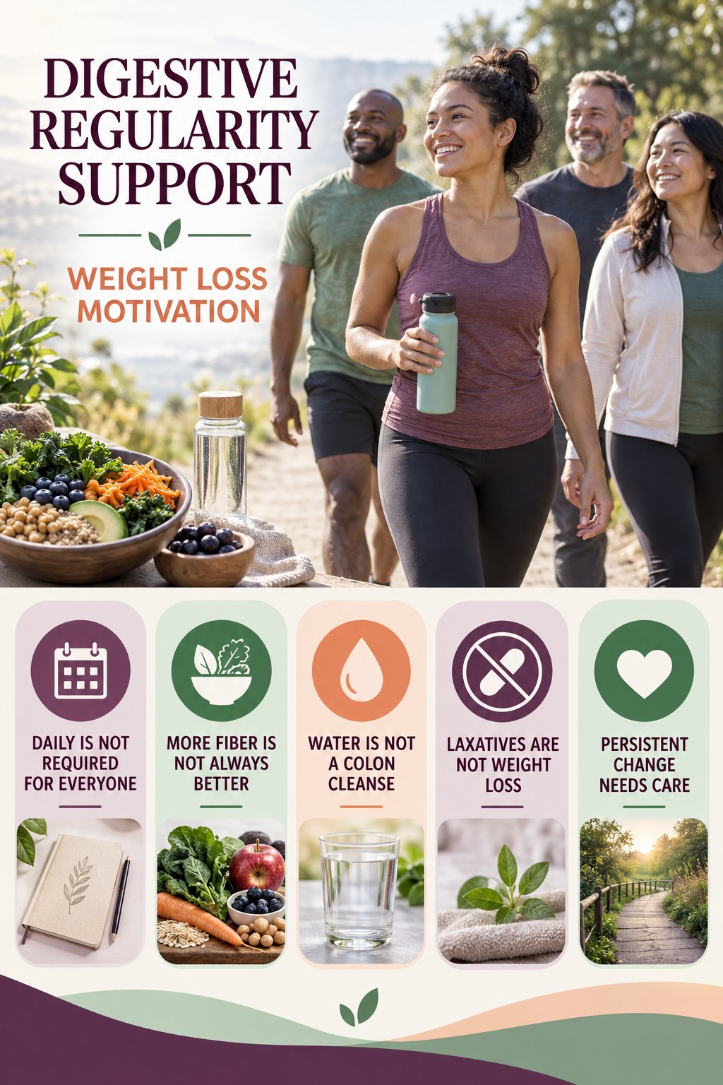 Regularity Myths and Facts infographic for Weight Loss Motivation with five practical food, hydration, movement, or routine actions and no cleanse claims.
