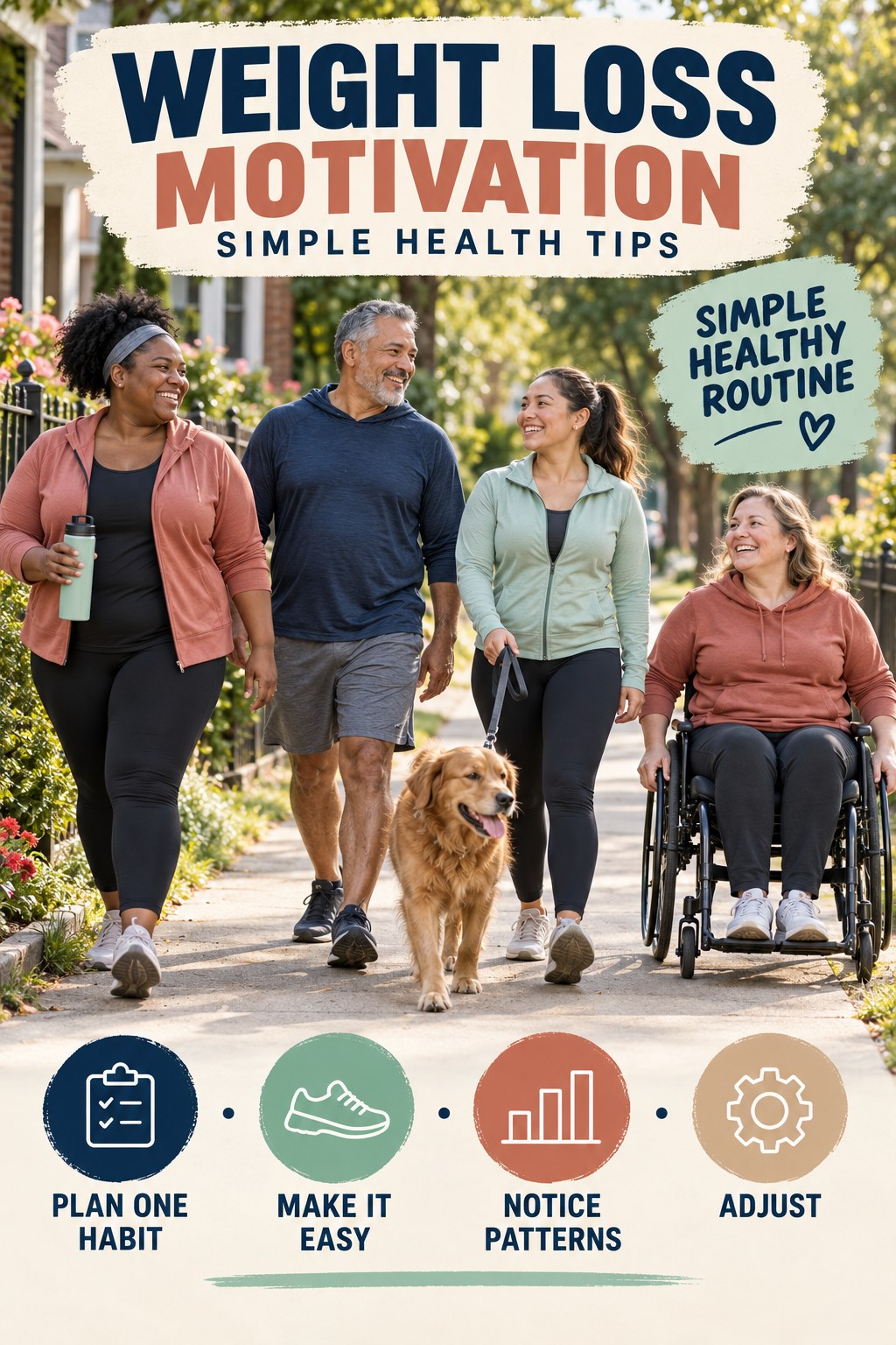 Weight Loss Motivation simple-health graphic titled Simple Healthy Routine with four practical wellness prompts.
