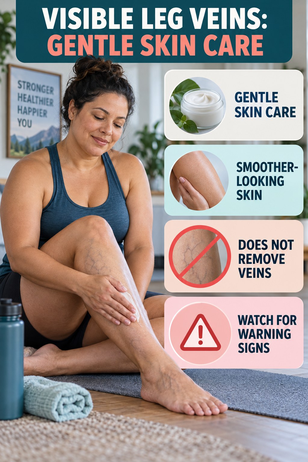Gentle Skin Care infographic for Weight Loss Motivation, showing body-neutral visible-leg-vein appearance care and the boundary between temporary cosmetic support and treatment.