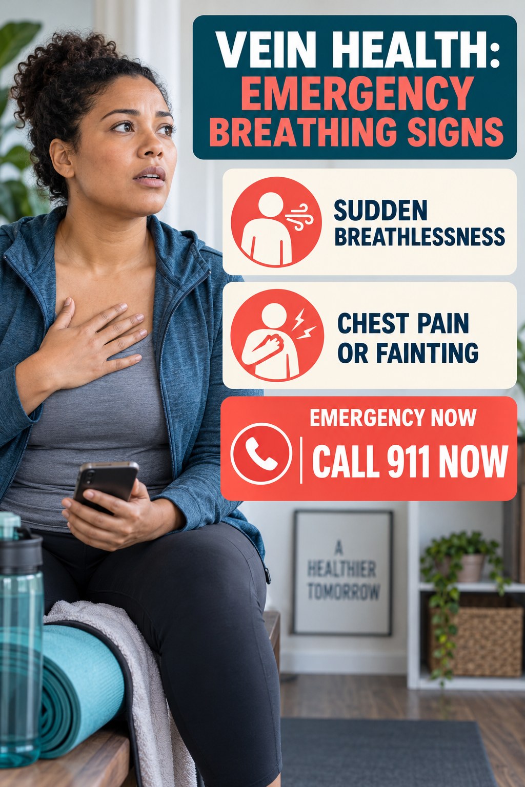 Emergency Breathing Signs infographic for Weight Loss Motivation, explaining vein-health warning signs and the appropriate next action without diagnosing a condition.