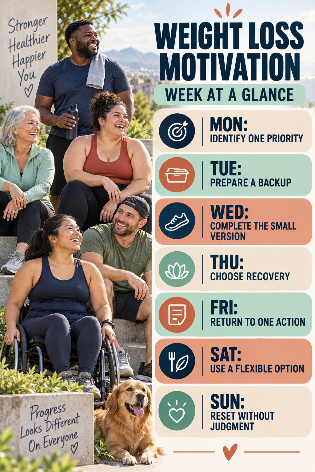 Weekly Weight Loss Motivation plan graphic with concise Monday-to-Sunday actions and flexible recovery guidance.
