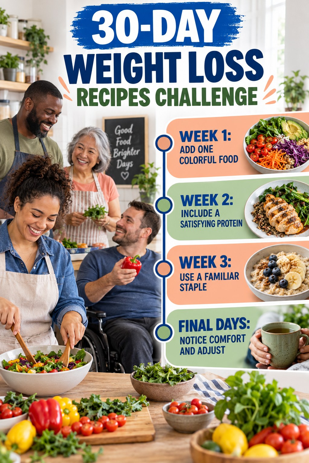 30-day Weight Loss Recipes challenge graphic showing four manageable milestones for consistent practice.