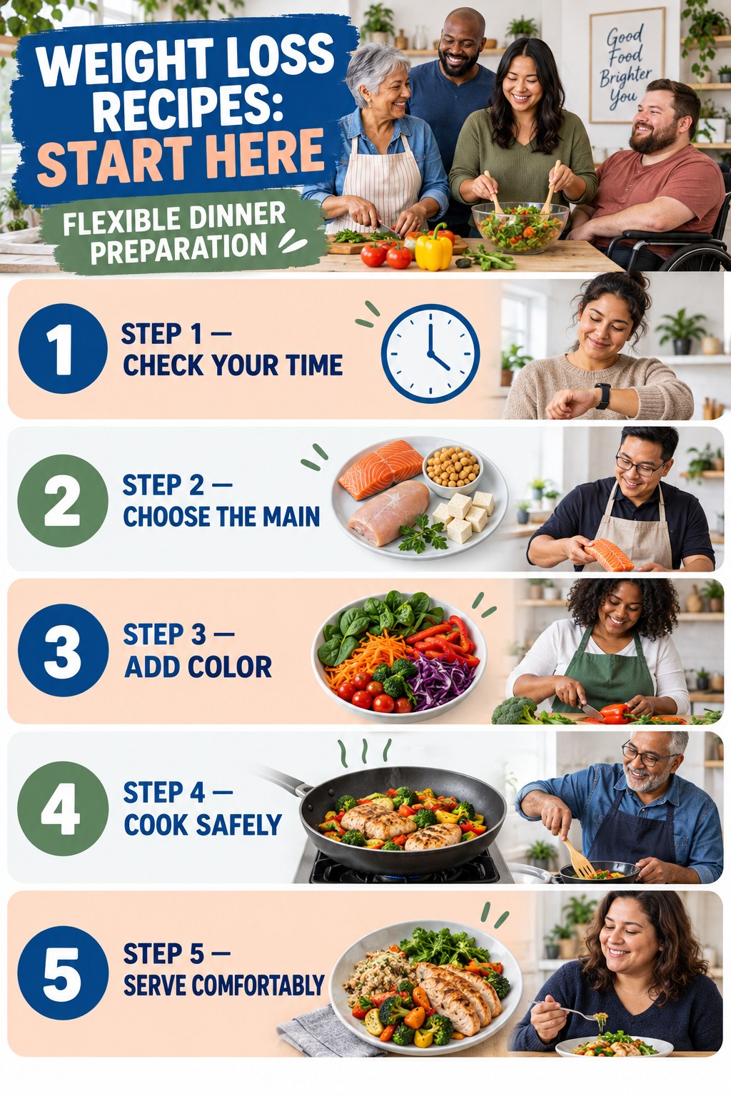 Weight Loss Recipes beginner guide graphic showing five manageable stages for flexible dinner preparation.