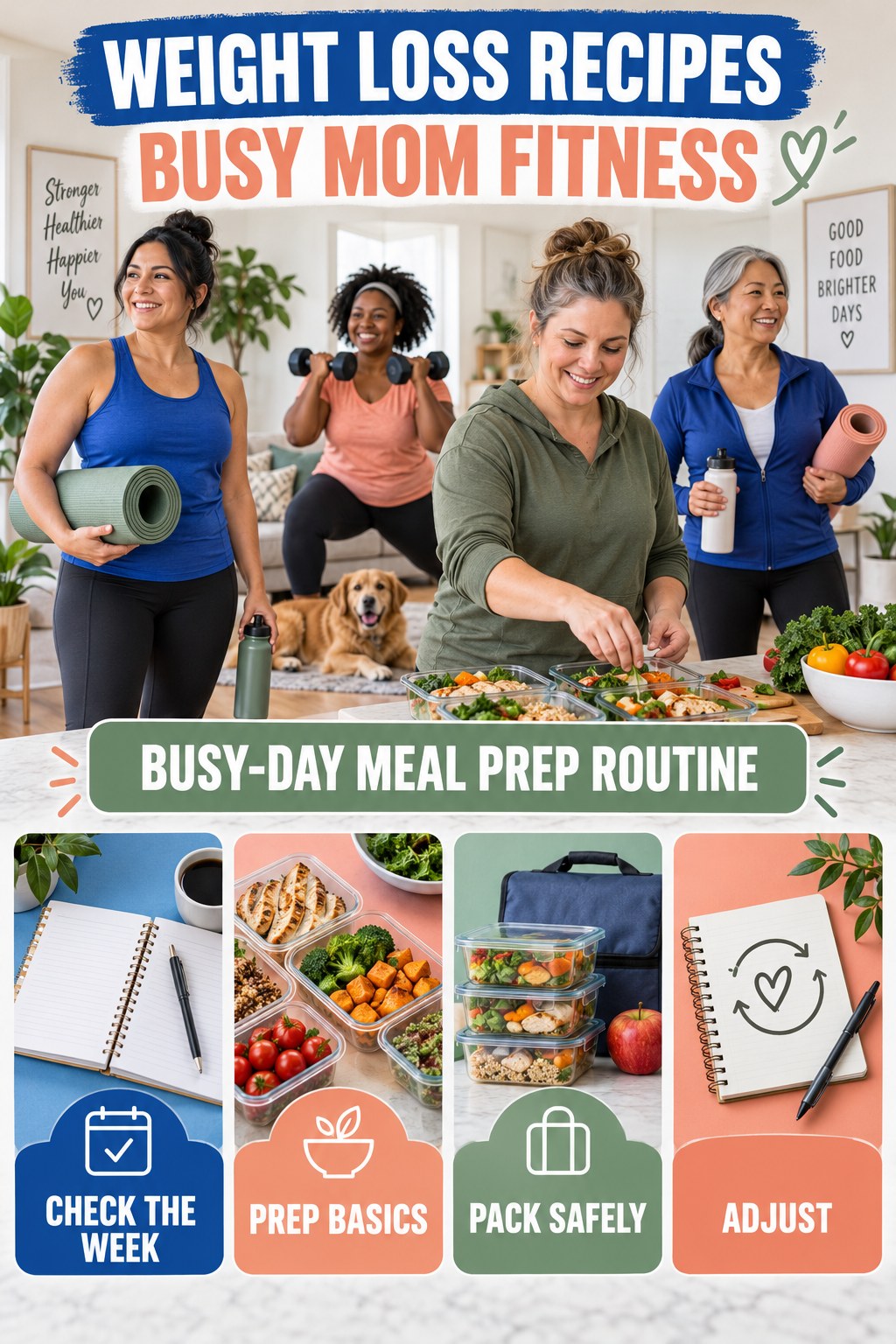Weight Loss Recipes busy-mom fitness graphic titled Busy-Day Meal Prep Routine with four practical movement prompts.