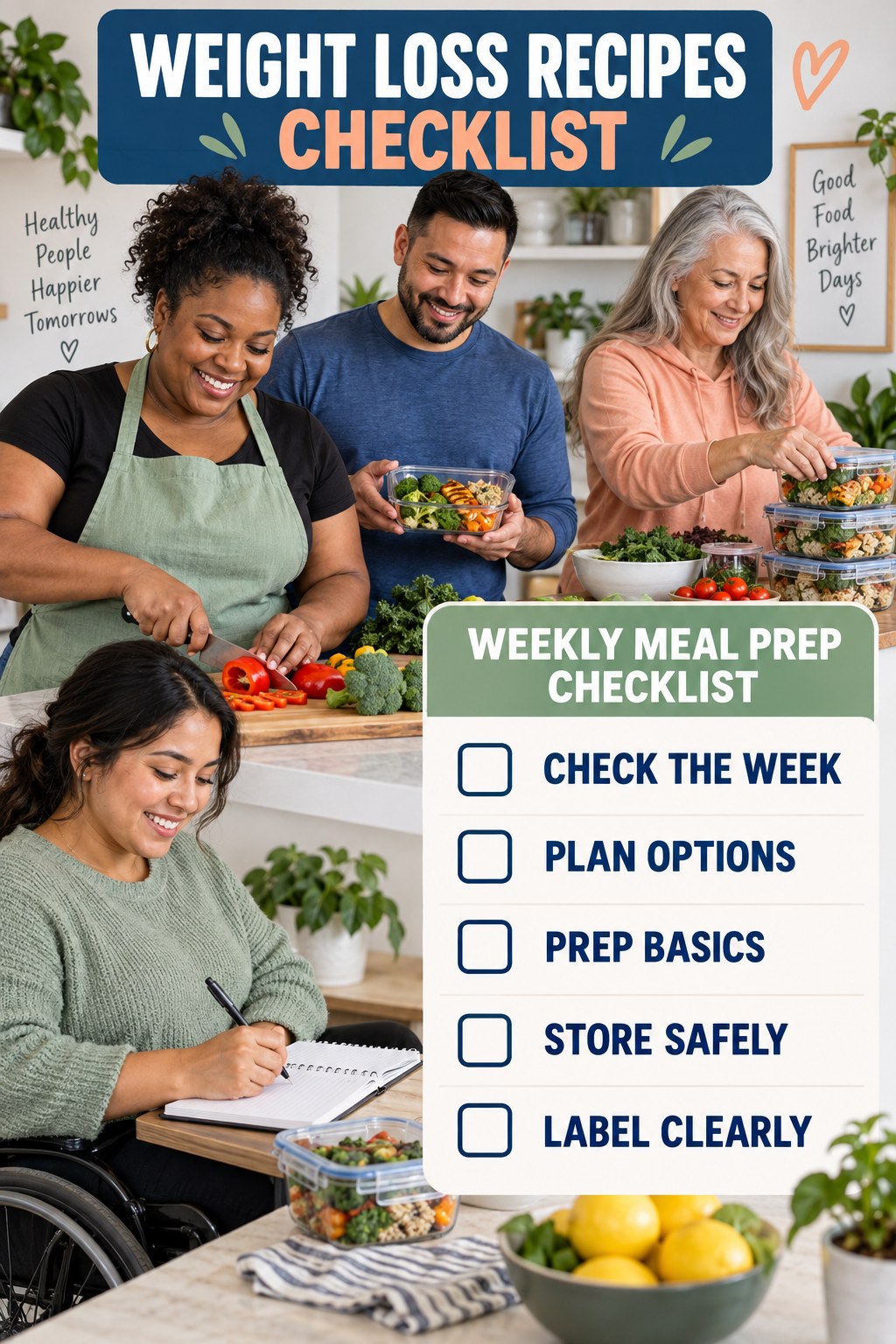 Weight Loss Recipes checklist graphic titled Weekly Meal Prep Checklist with five clear practical wellness items.