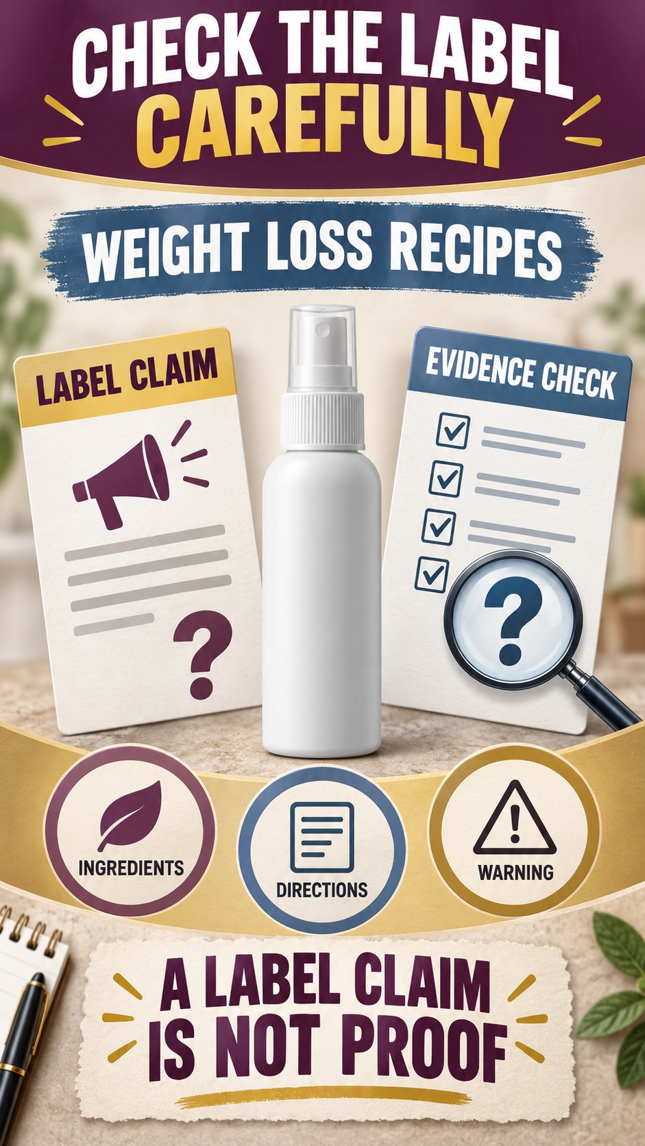 Claim Versus Evidence Review infographic for Weight Loss Recipes, showing a generic spray-label checklist that separates available facts, missing details, and evidence questions.