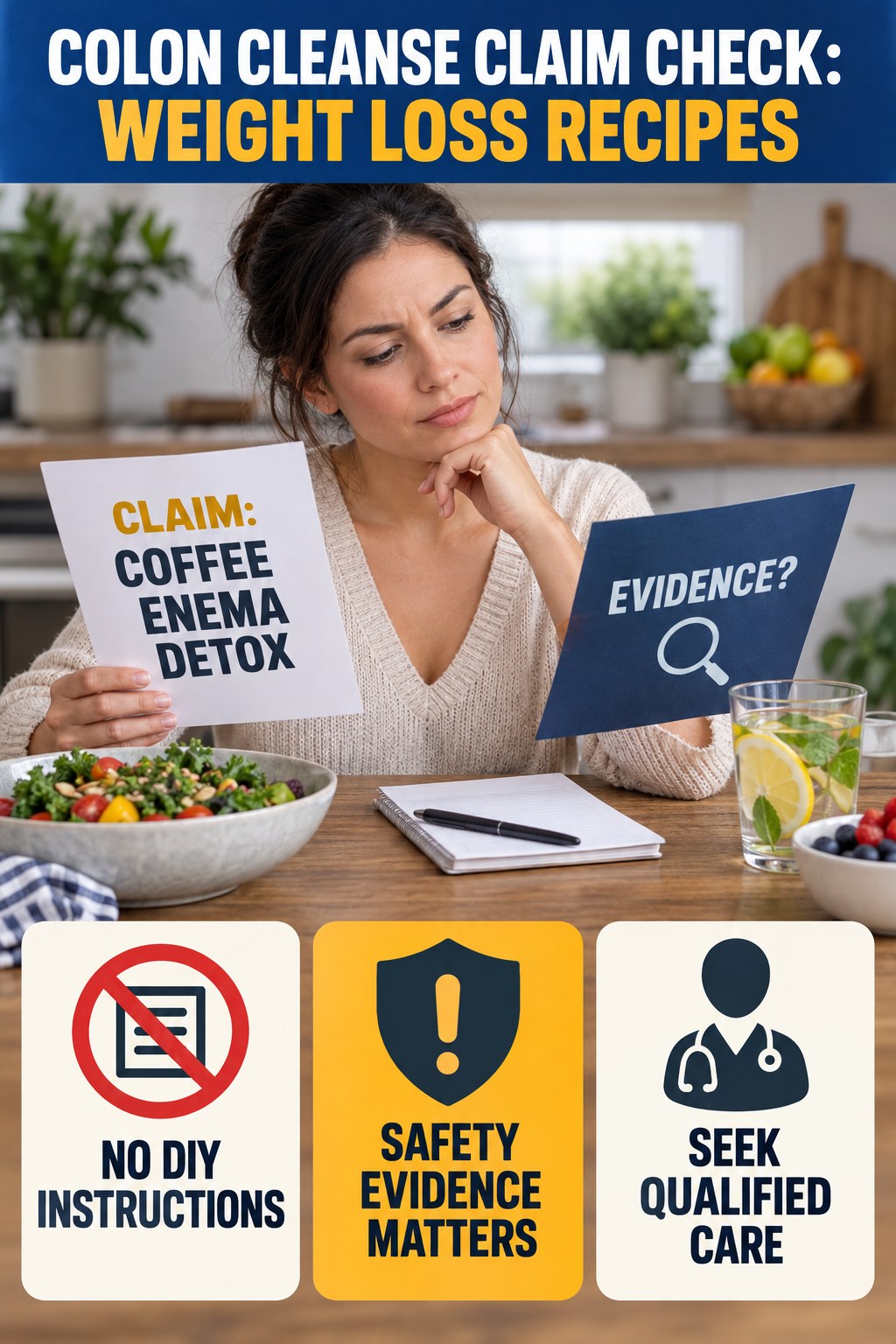Coffee Enema Claims infographic for Weight Loss Recipes, separating a colon-cleanse marketing claim from evidence, reasonable conclusions, and safety context.