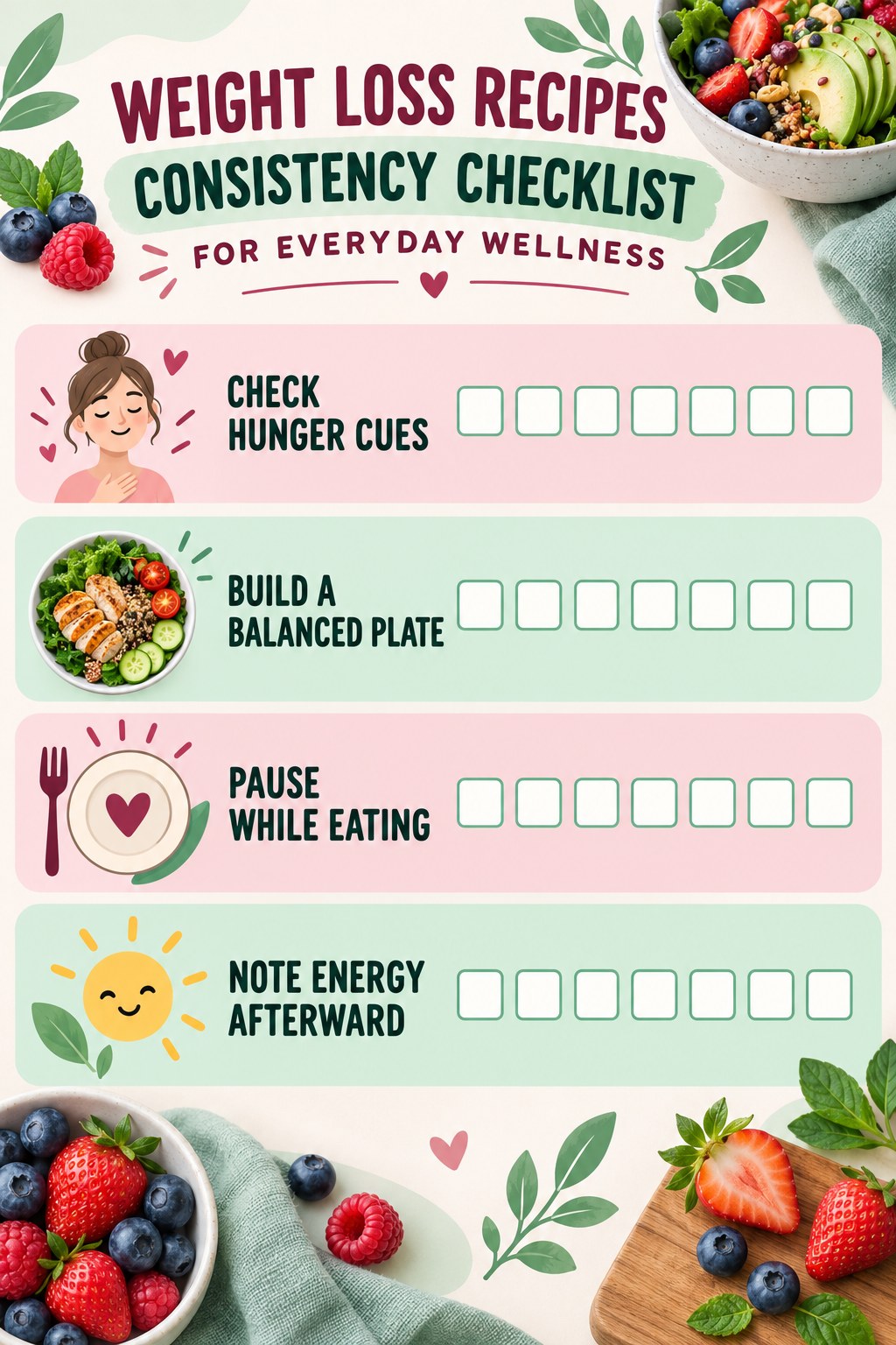 Weight Loss Recipes Consistency Checklist for Everyday Wellness infographic with checkboxes for check hunger cues, build a balanced plate, pause while eating, note energy afterward.