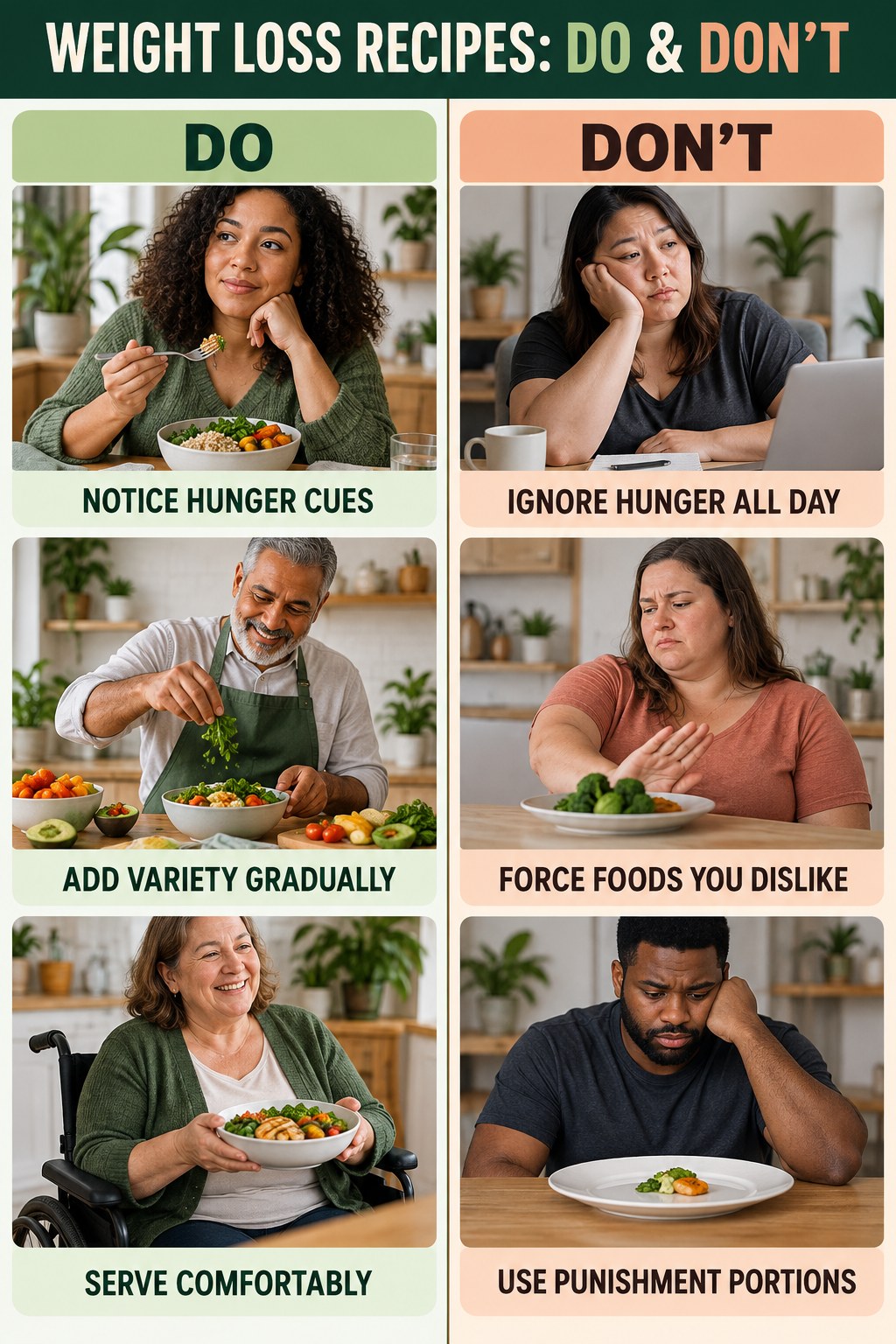 Weight Loss Recipes Do and Don’t comparison graphic showing three practical behavior pairs for mindful eating.