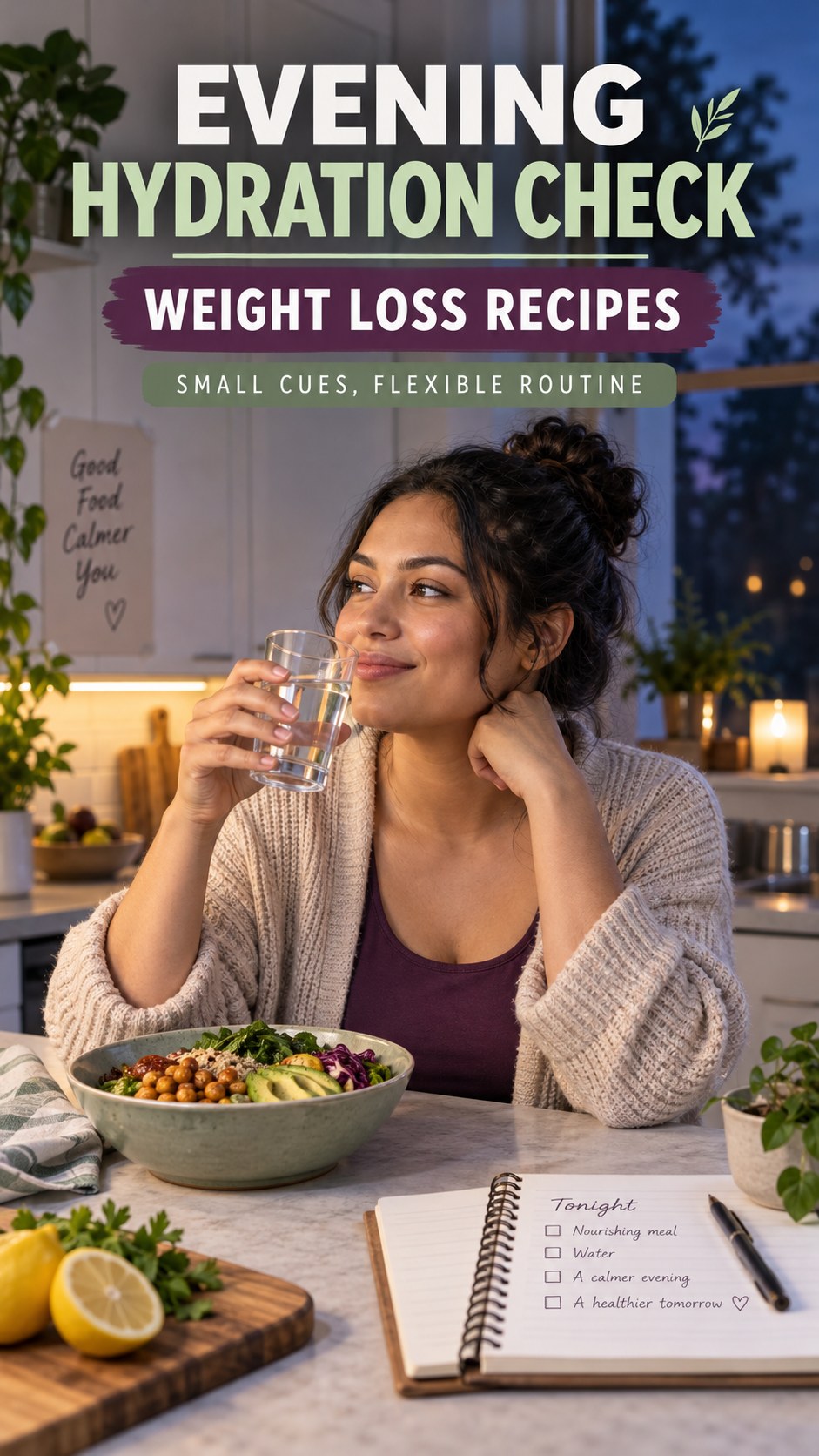 Evening Hydration Awareness infographic for Weight Loss Recipes, showing a flexible and calming evening wellness routine.