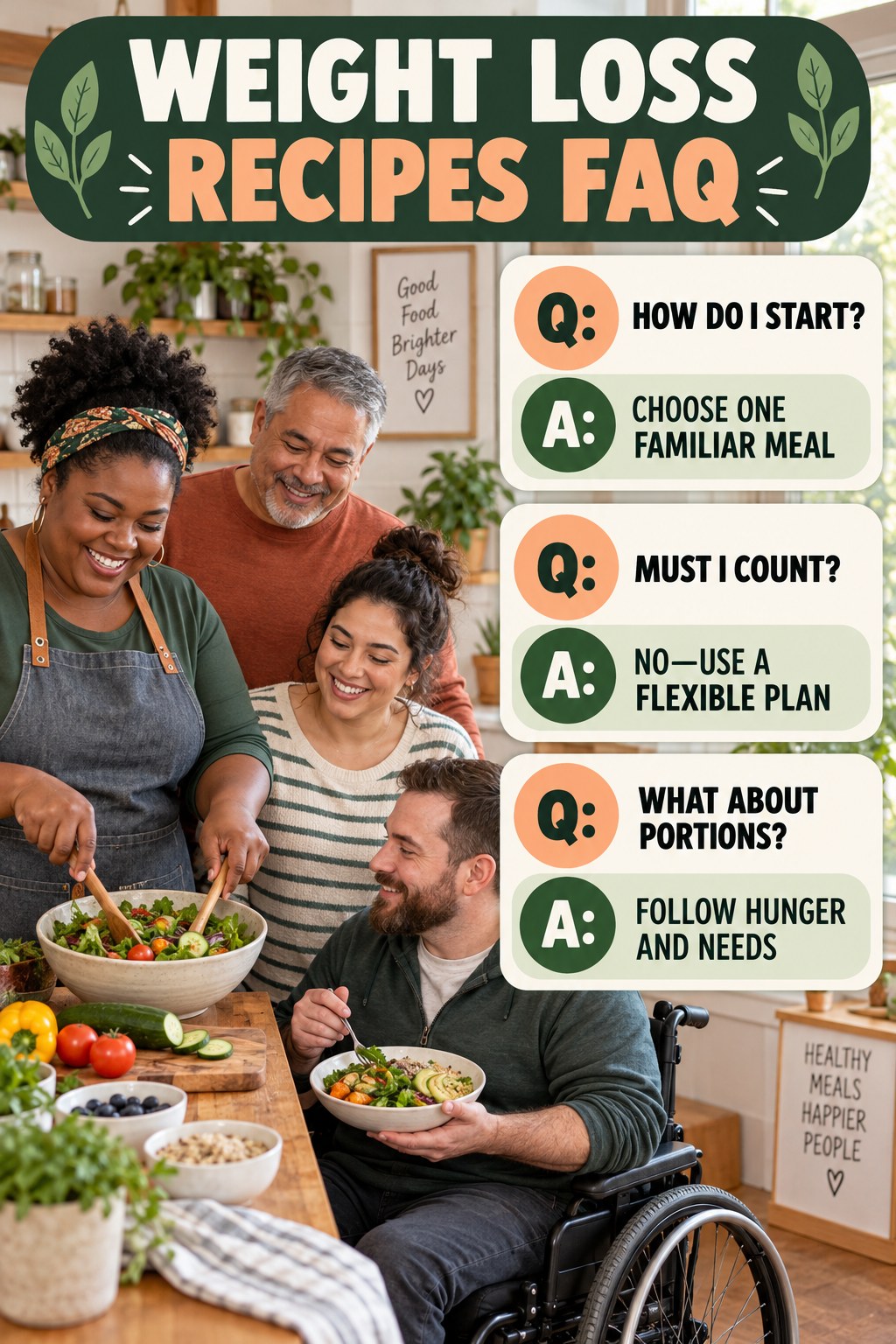 Weight Loss Recipes FAQ graphic with three concise questions and practical answers for beginners.