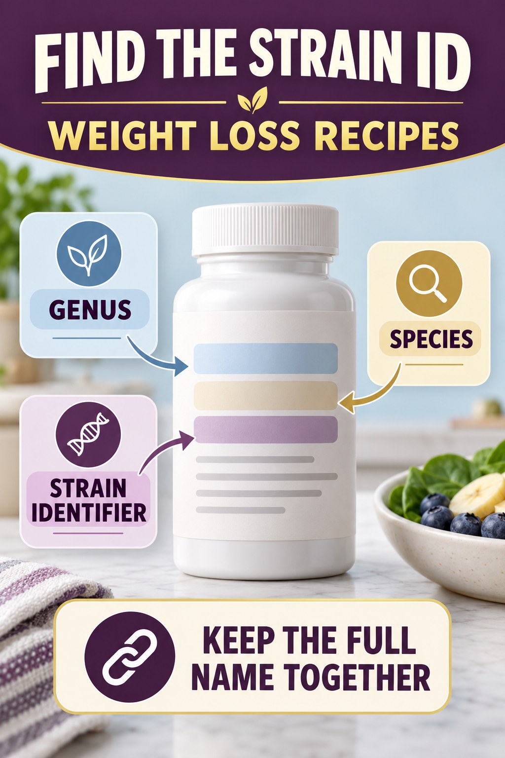 Find the Strain Identifier on a Probiotic Label infographic for Weight Loss Recipes with four concise probiotic-label reading points.