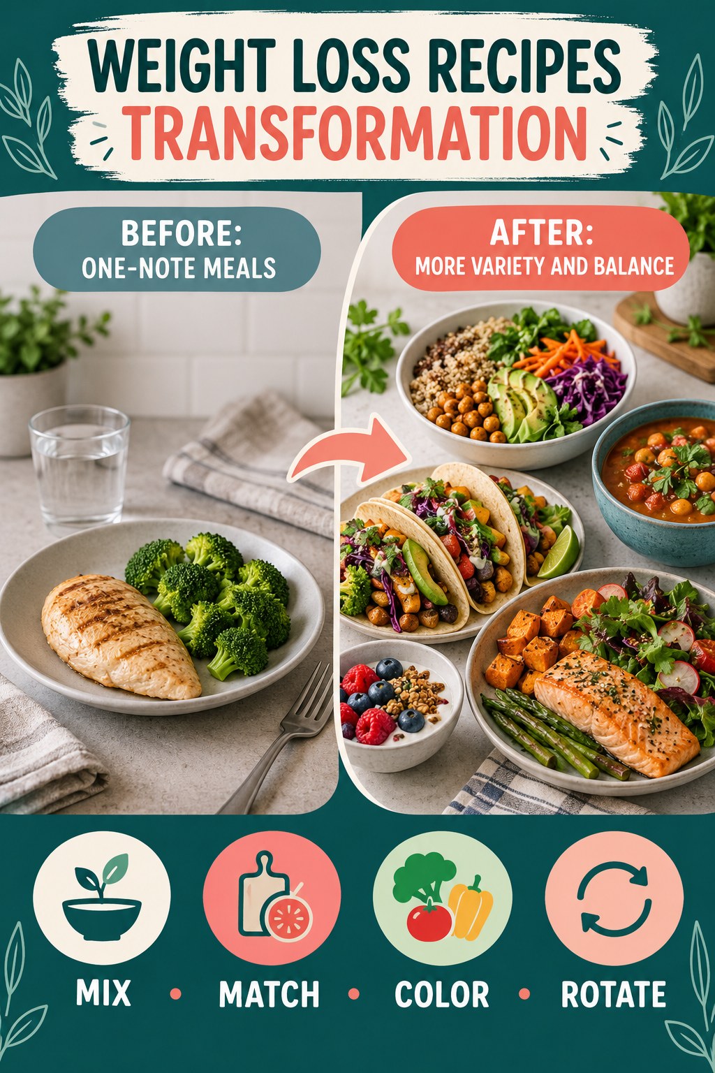 Weight Loss Recipes habit transformation graphic comparing one-note meals with more variety and balance using four practical steps.