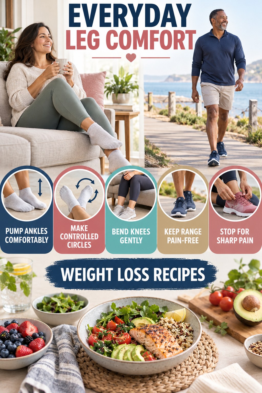 Gentle Ankle and Calf Mobility infographic for Weight Loss Recipes with five gentle movement, position, footwear, recovery, or safety actions.
