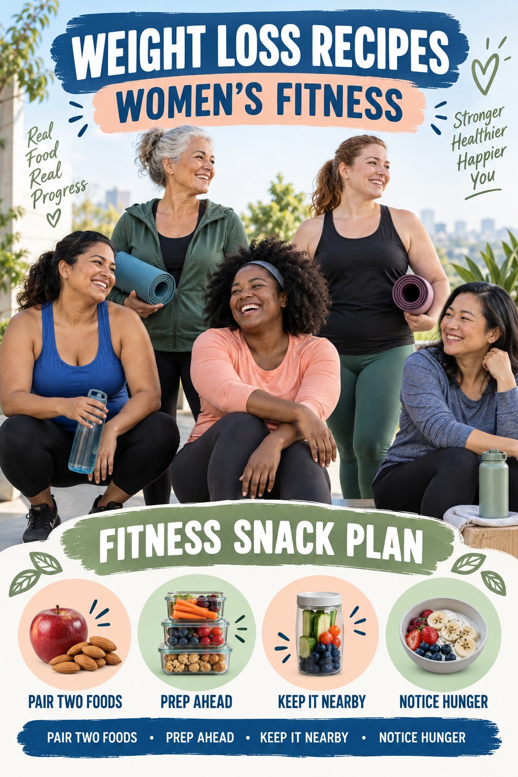 Weight Loss Recipes women’s fitness graphic titled Fitness Snack Plan with four practical training prompts.