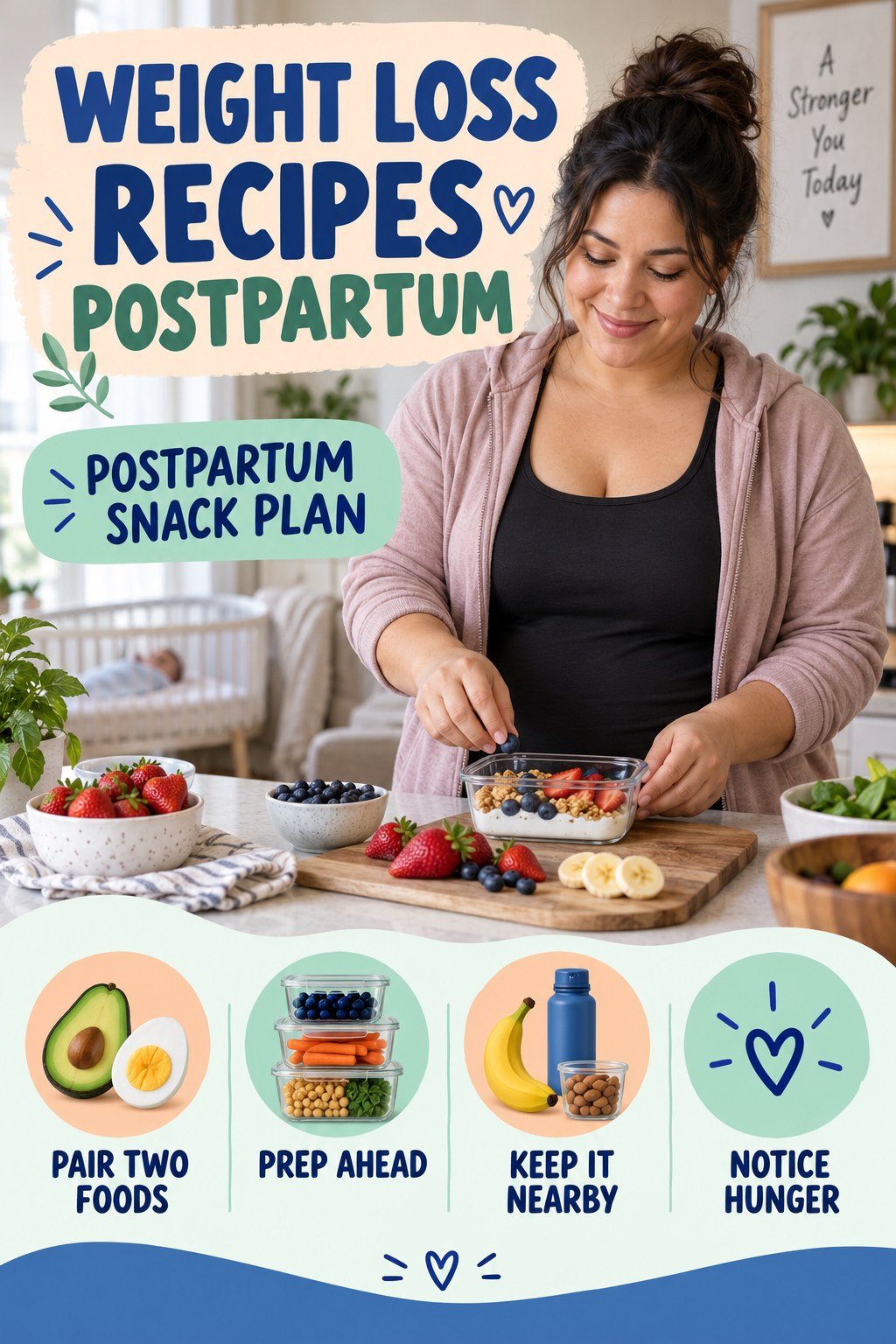 Weight Loss Recipes postpartum graphic titled Postpartum Snack Plan with four gradual recovery-aware prompts.