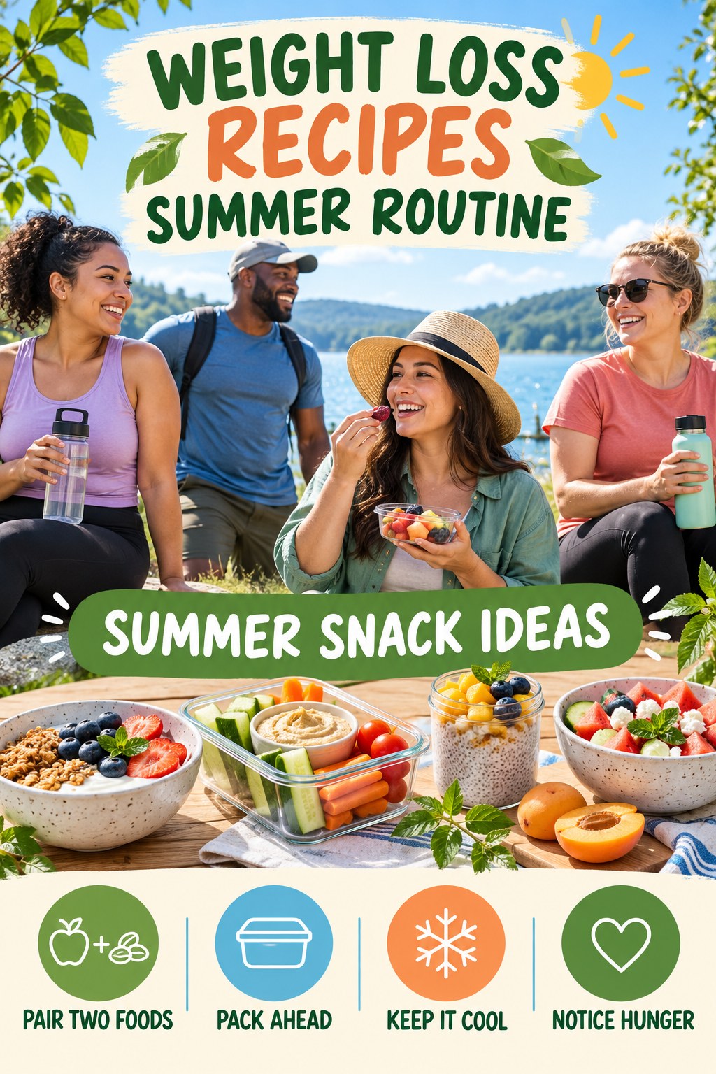Weight Loss Recipes summer routine graphic titled Summer Snack Ideas with four practical wellness prompts.
