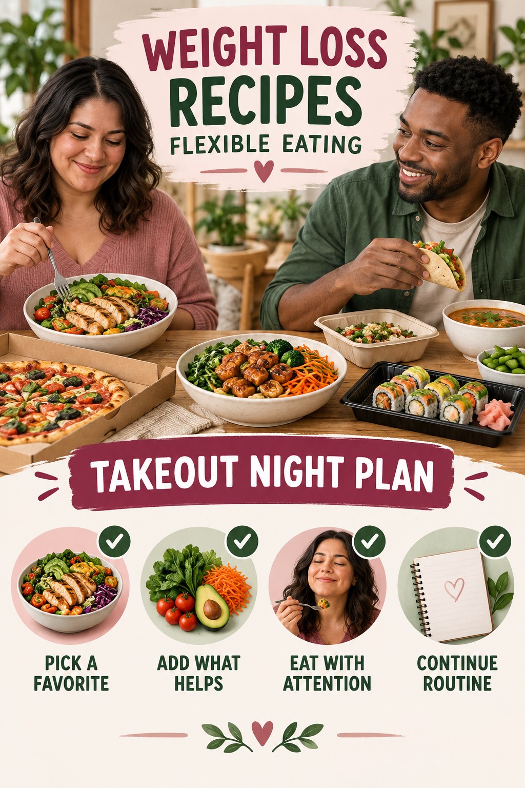 Weight Loss Recipes flexible eating graphic titled Takeout Night Plan with four practical balance prompts.