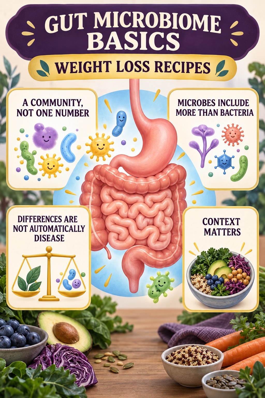 Gut Microbiome Basics Without a Perfect Score educational infographic for Weight Loss Recipes with four evidence-aware points.