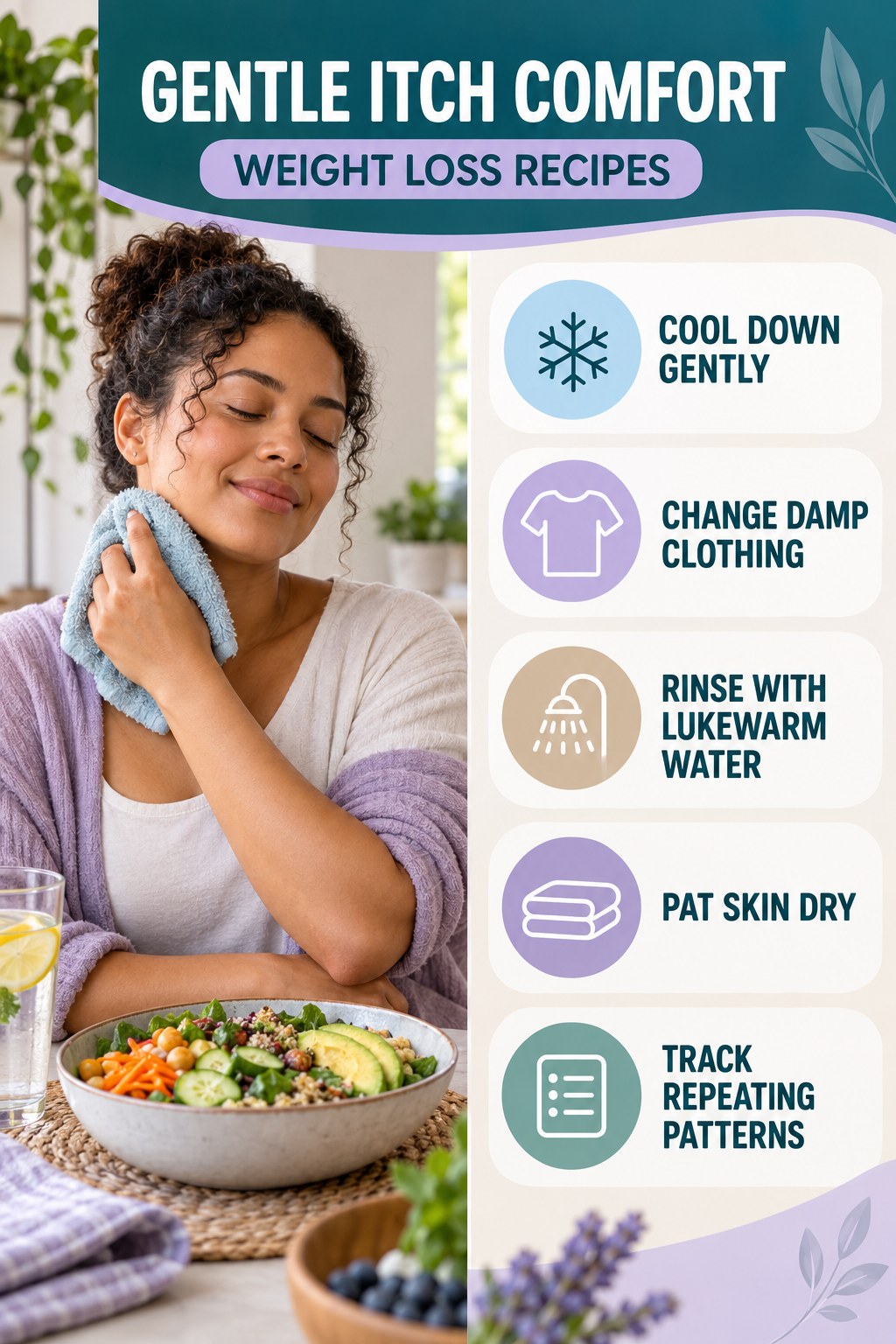 Heat and Sweat Comfort Plan infographic for Weight Loss Recipes with five gentle itchy-skin comfort strategies and a non-diagnostic safety focus.