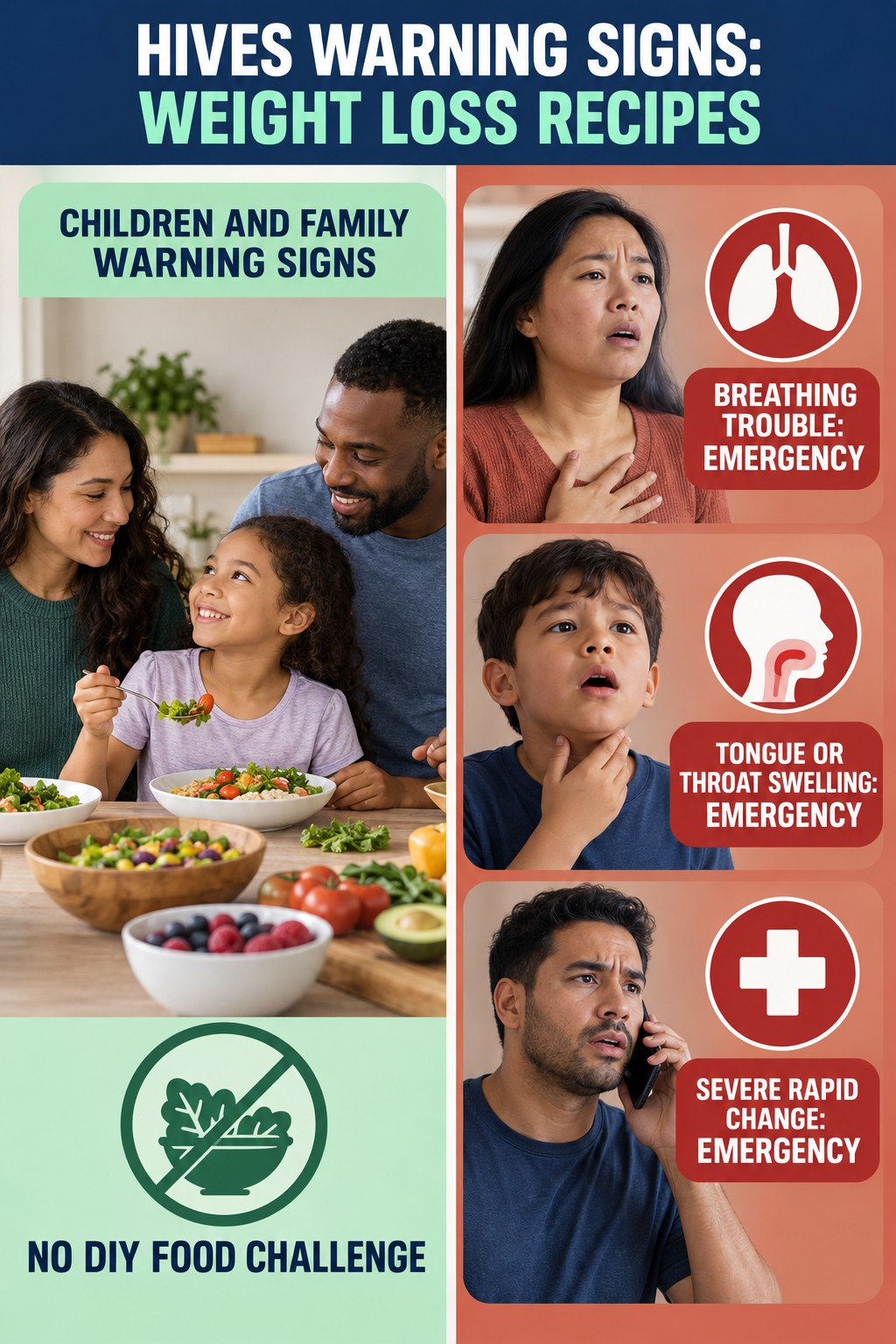 Children and Family Warning Signs infographic for Weight Loss Recipes, highlighting urgent breathing, throat, swelling, fainting, and rapid-progression warning signs without diagnosing hives.