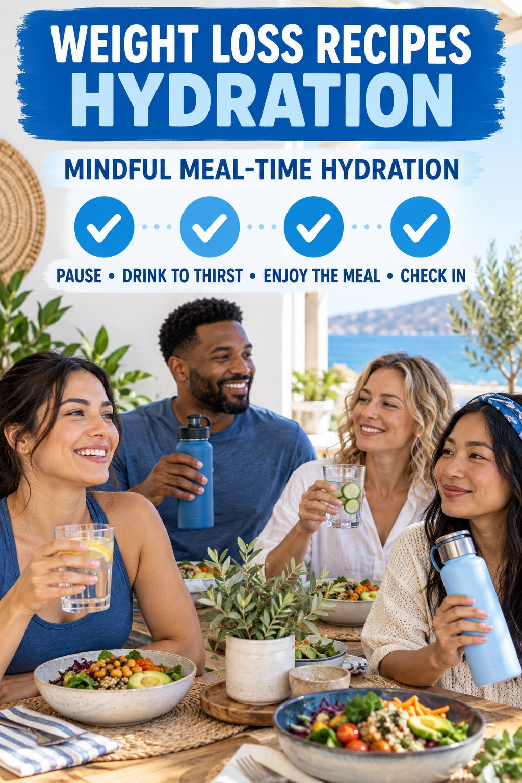 Weight Loss Recipes hydration graphic titled Mindful Meal-Time Hydration with four flexible water-habit prompts and no fixed intake target.
