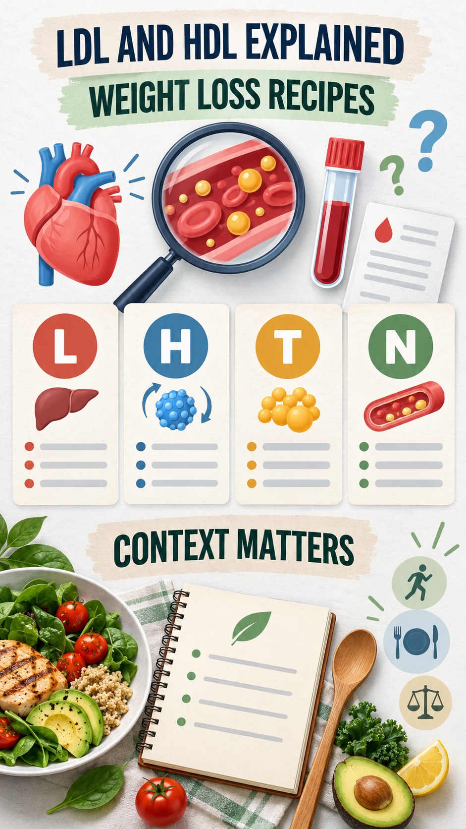 LDL and HDL Context Guide infographic for Weight Loss Recipes, using a non-numerical educational lipid-panel layout with question and context icons.