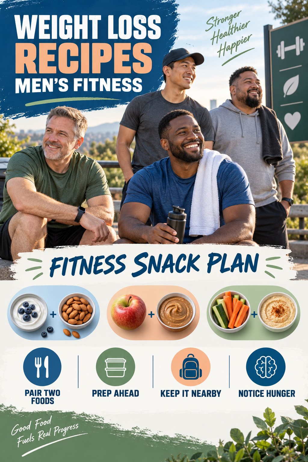 Weight Loss Recipes men’s fitness graphic titled Fitness Snack Plan with four practical training prompts.