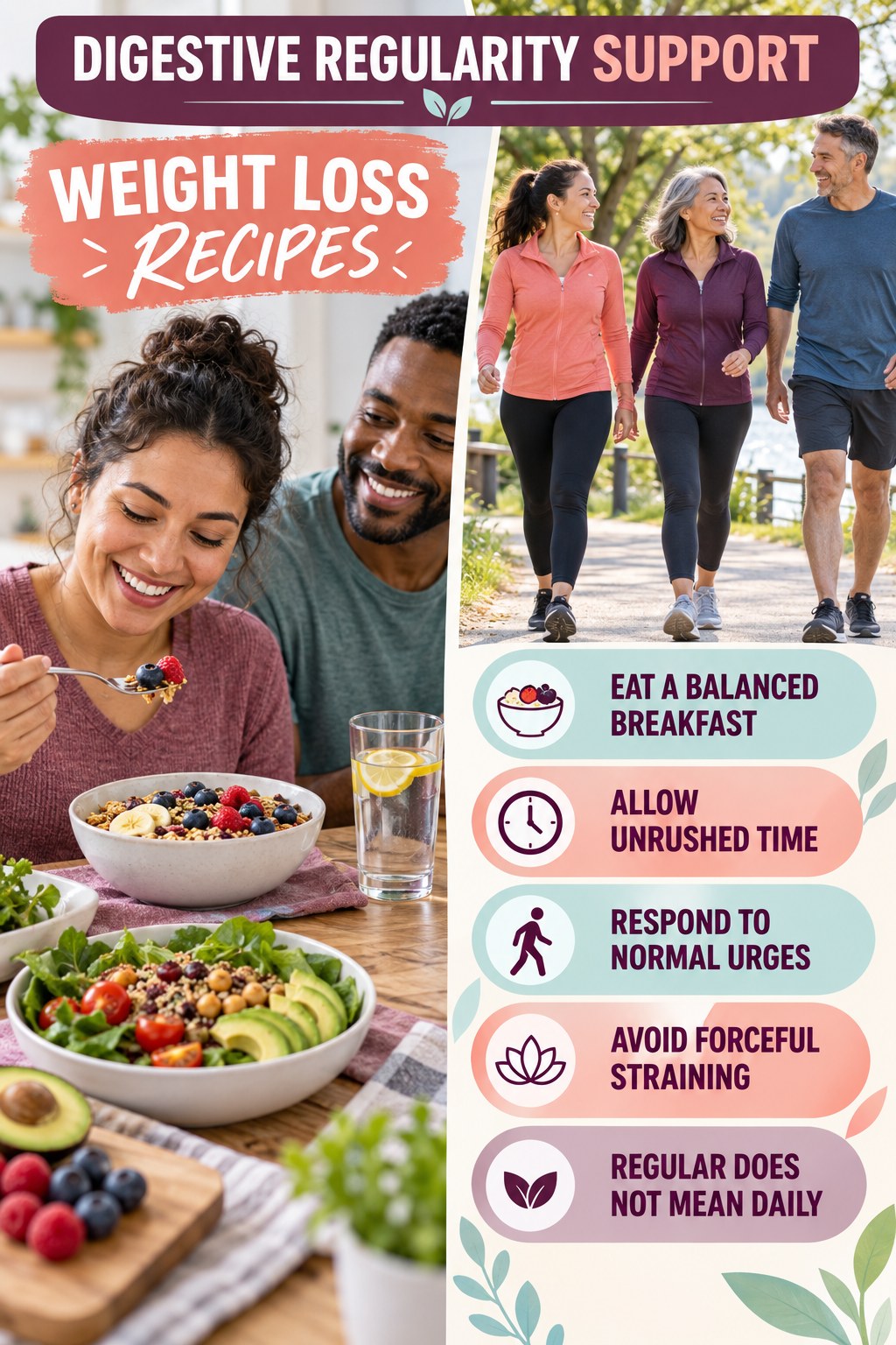 Morning Digestive Wellness infographic for Weight Loss Recipes with five practical food, hydration, movement, or routine actions and no cleanse claims.