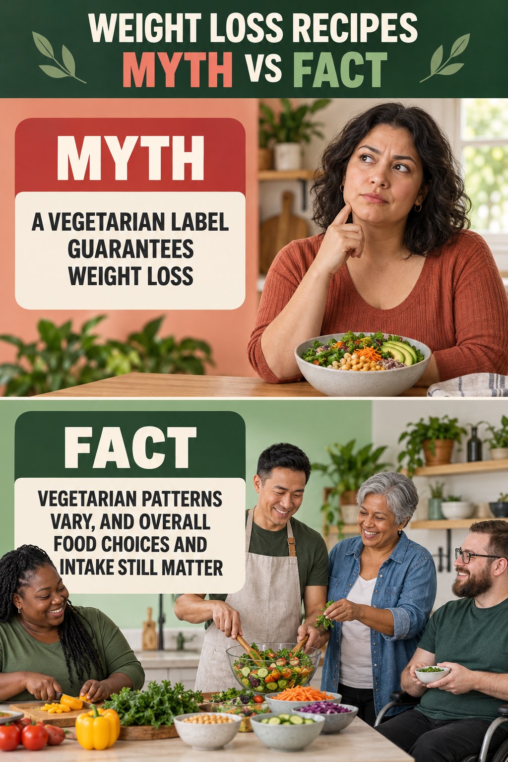 Weight Loss Recipes Myth vs Fact graphic correcting the misconception about vegetarian eating.