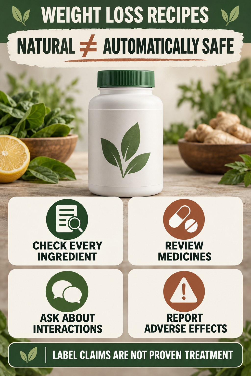 Natural Does Not Mean Risk-Free prostate supplement label-literacy infographic for Weight Loss Recipes with four careful reading points.