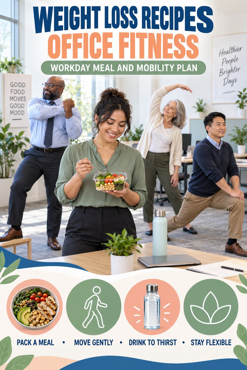 Weight Loss Recipes office-fitness graphic titled Workday Meal and Mobility Plan with four practical workday movement prompts.