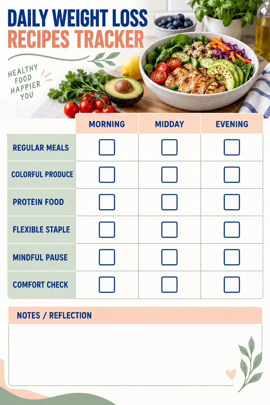 Daily Weight Loss Recipes printable-style tracker graphic with six labeled rows, empty checkboxes, and a reflection area.