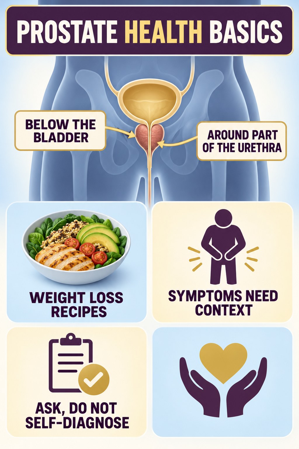Prostate Anatomy Without Myths infographic for Weight Loss Recipes with four concise prostate-health awareness points.