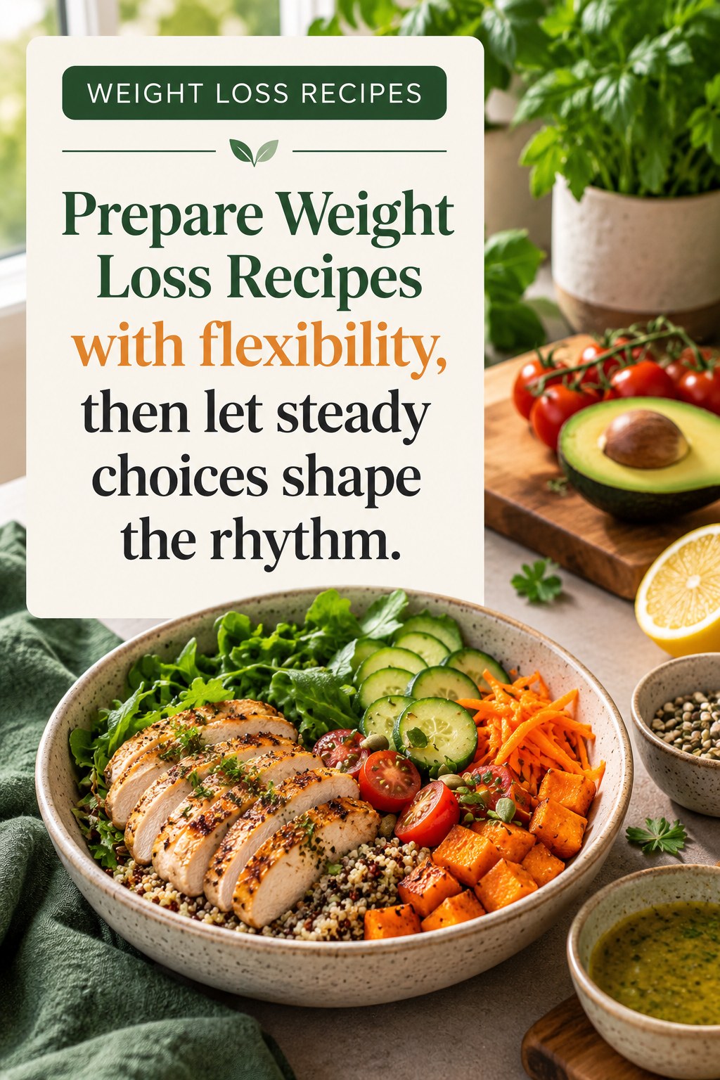 Original Weight Loss Recipes quote graphic reading “Prepare Weight Loss Recipes with flexibility, then let steady choices shape the rhythm.” in a board-relevant editorial design.