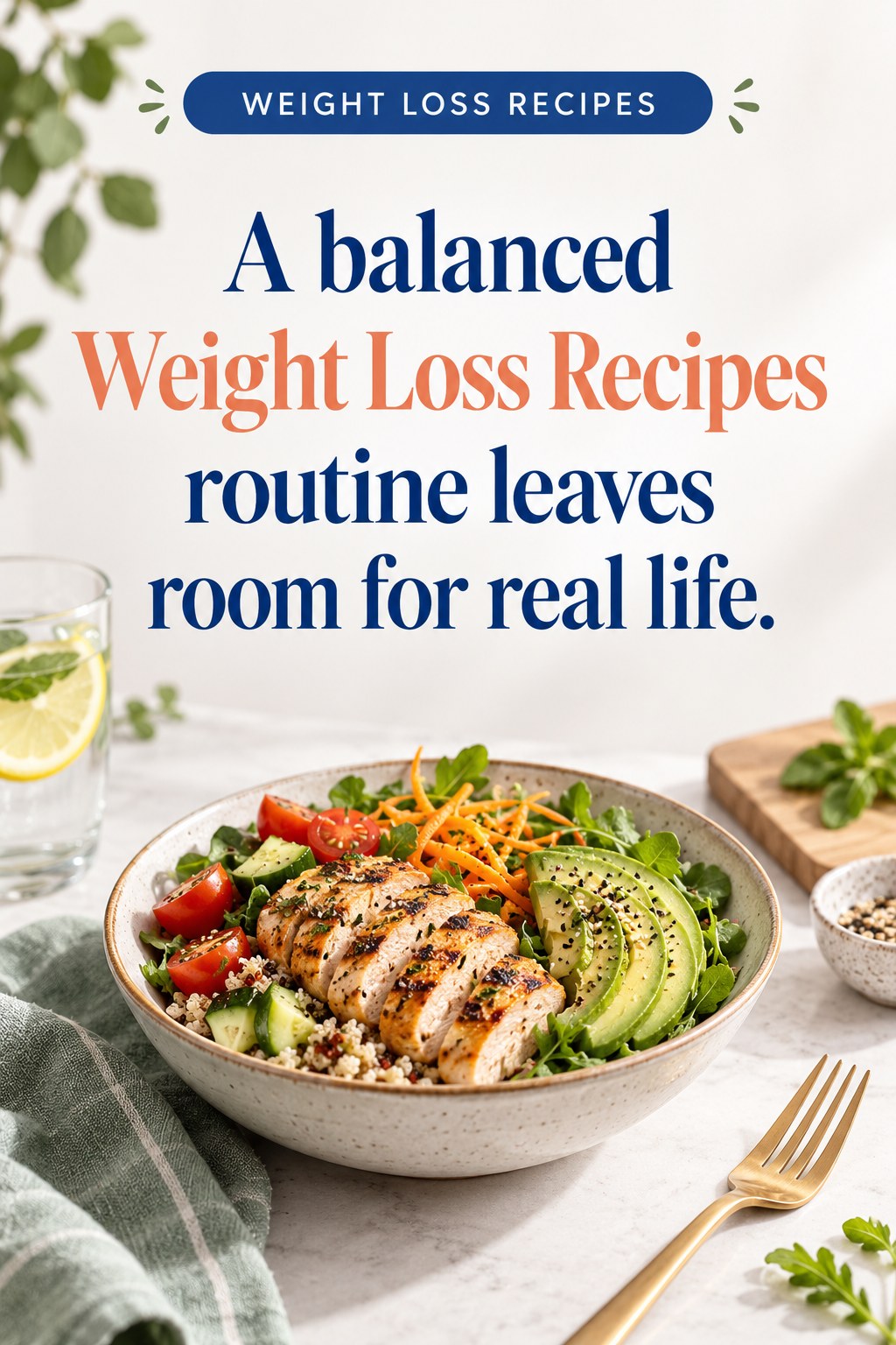 Original Weight Loss Recipes quote graphic reading “A balanced Weight Loss Recipes routine leaves room for real life.” in a board-relevant editorial design.