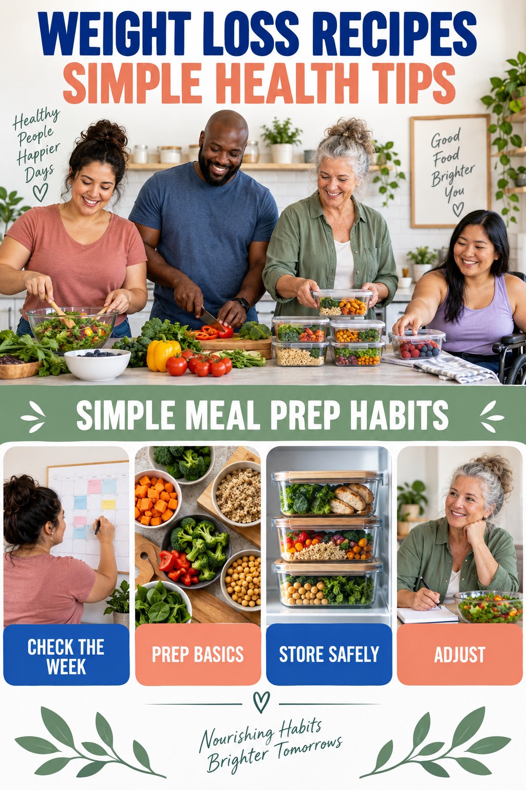 Weight Loss Recipes simple-health graphic titled Simple Meal Prep Habits with four practical wellness prompts.