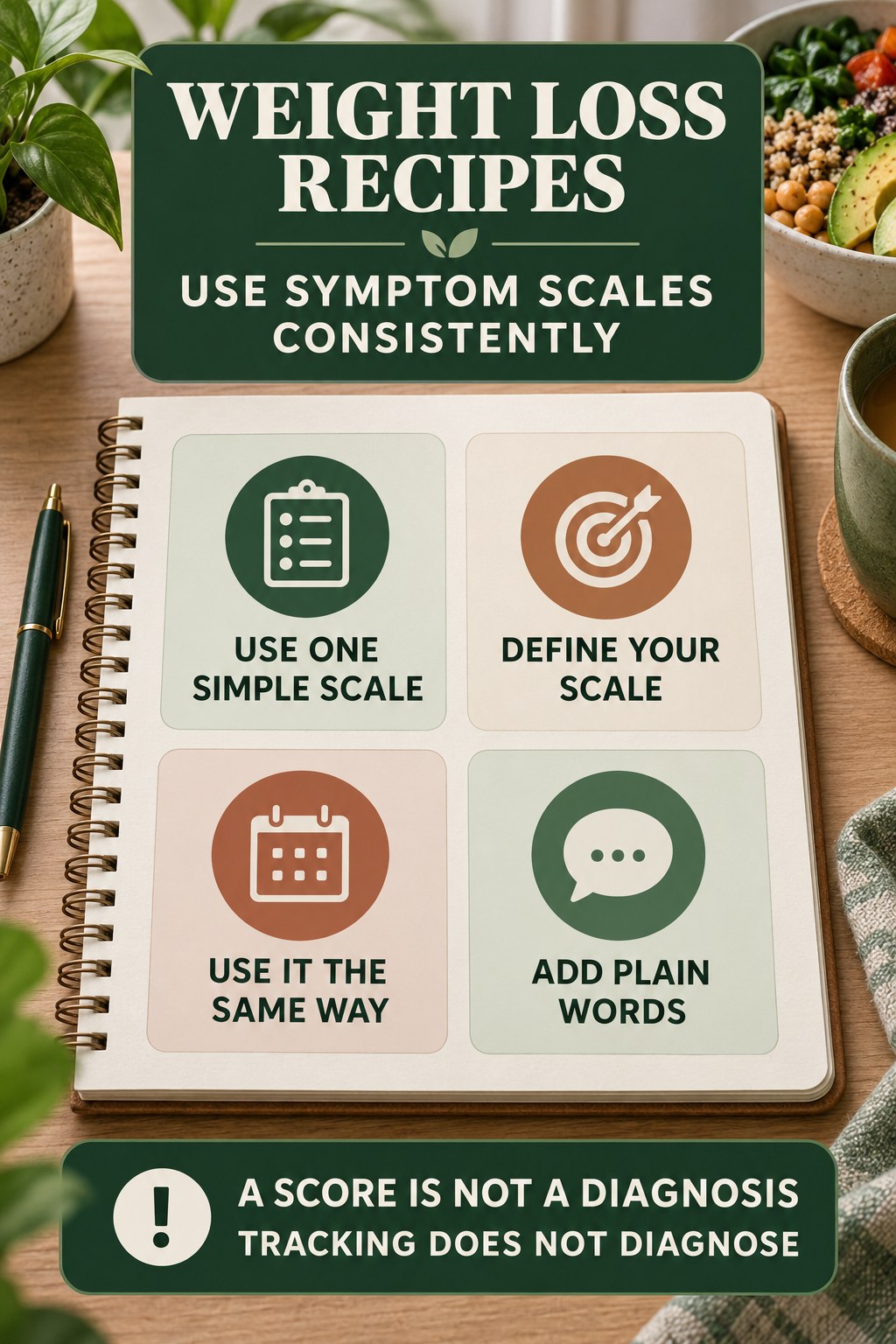 Use Symptom Scales Consistently urinary symptom tracking infographic for Weight Loss Recipes with four practical diary points and a non-diagnostic reminder.