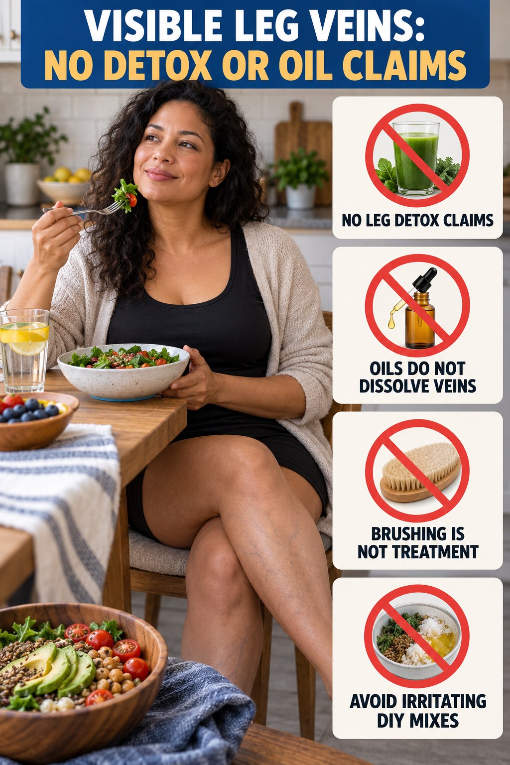 No Detox or Oil Claims infographic for Weight Loss Recipes, showing body-neutral visible-leg-vein appearance care and the boundary between temporary cosmetic support and treatment.