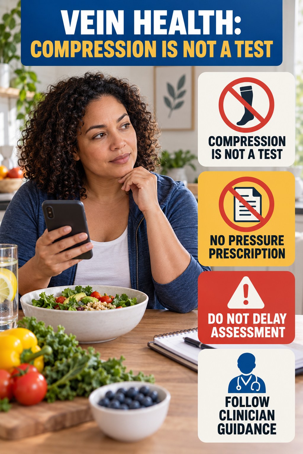 Compression Is Not a Test infographic for Weight Loss Recipes, explaining vein-health warning signs and the appropriate next action without diagnosing a condition.