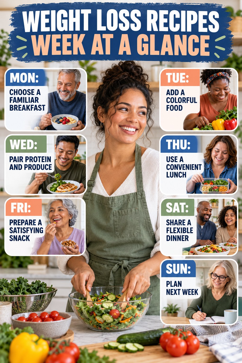 Weekly Weight Loss Recipes plan graphic with concise Monday-to-Sunday actions and flexible recovery guidance.