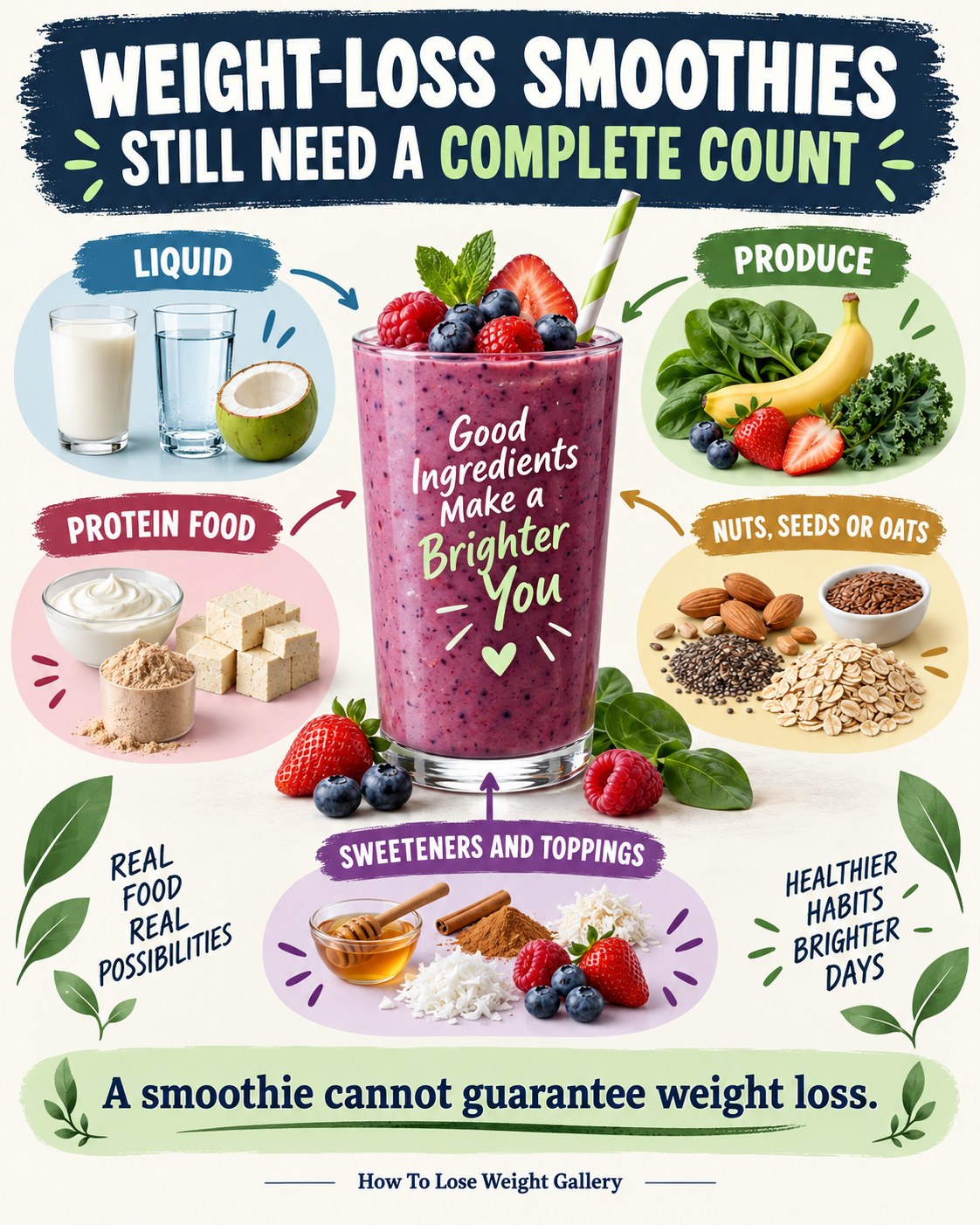 Weight-loss smoothie infographic showing liquid, produce, protein food, nuts seeds or oats, sweeteners and toppings