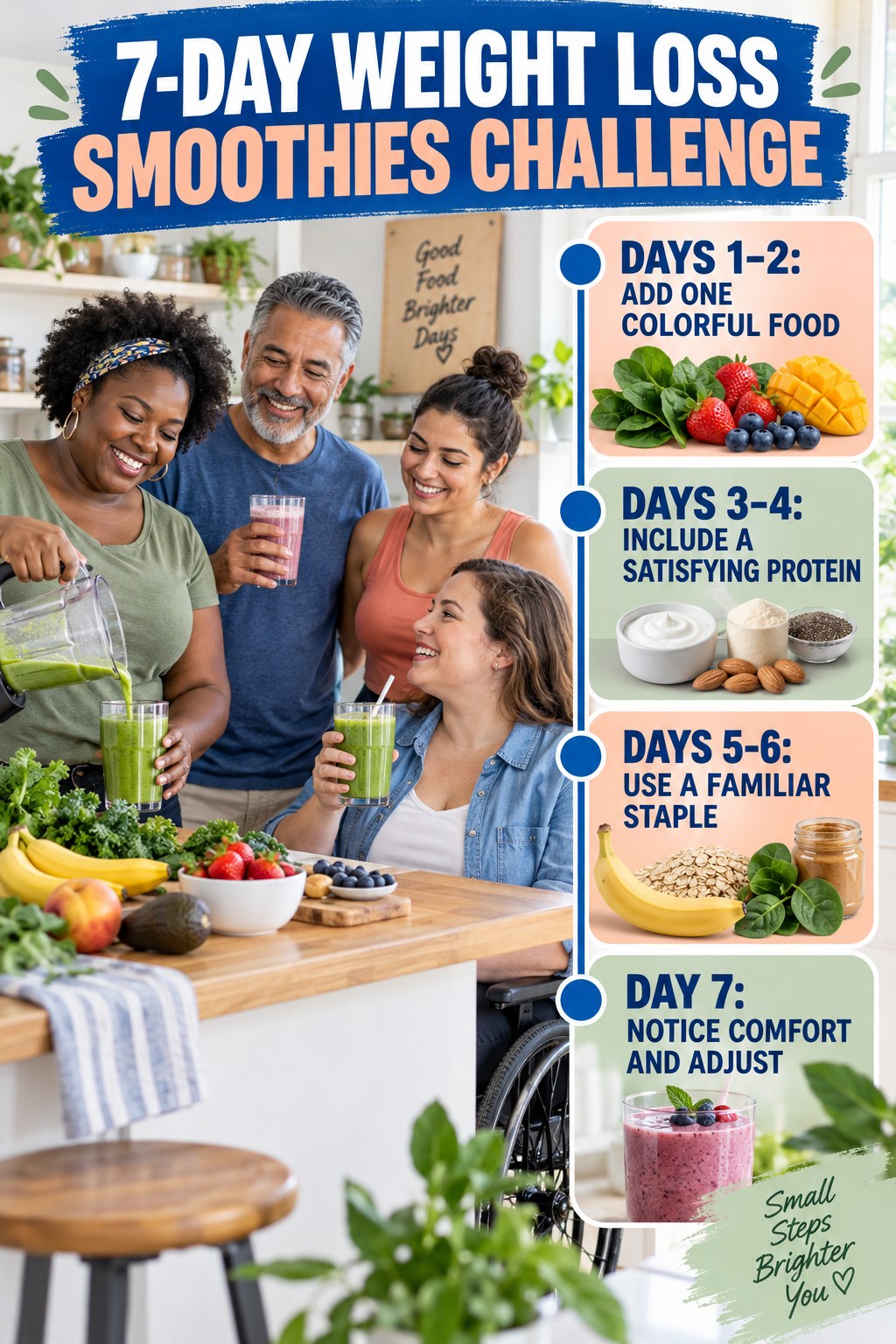 7-day Weight Loss Smoothies challenge graphic showing four manageable milestones for consistent practice.