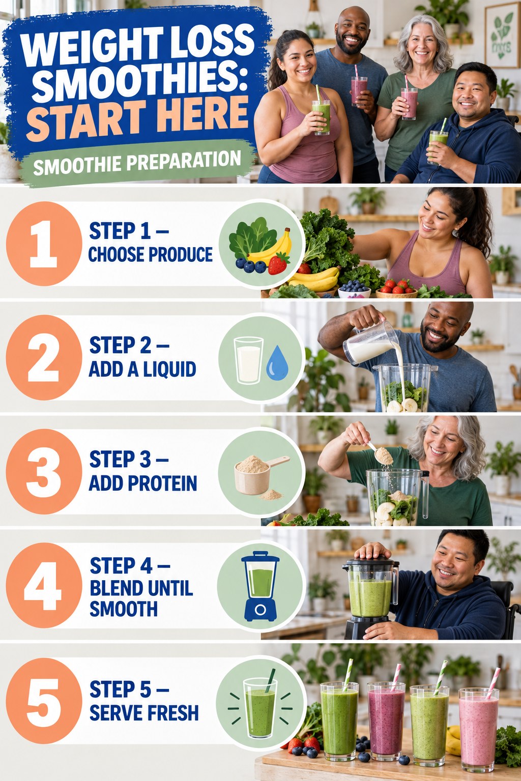 Weight Loss Smoothies beginner guide graphic showing five manageable stages for smoothie preparation.