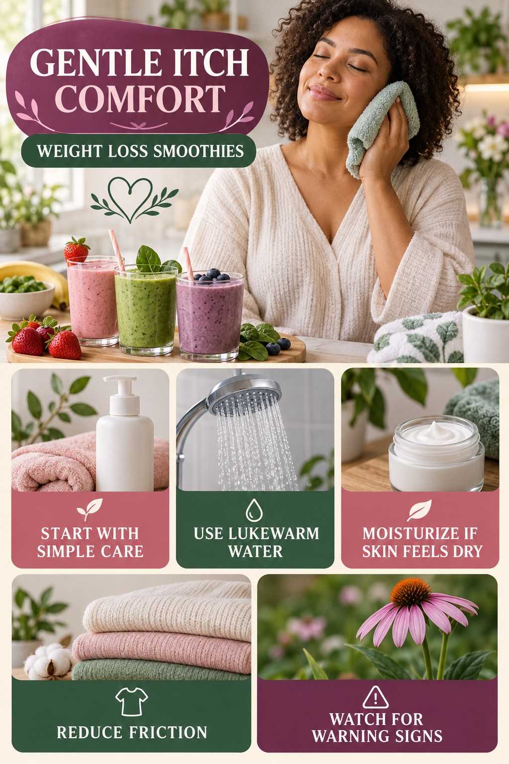 Beginner Skin Comfort Checklist infographic for Weight Loss Smoothies with five gentle itchy-skin comfort strategies and a non-diagnostic safety focus.