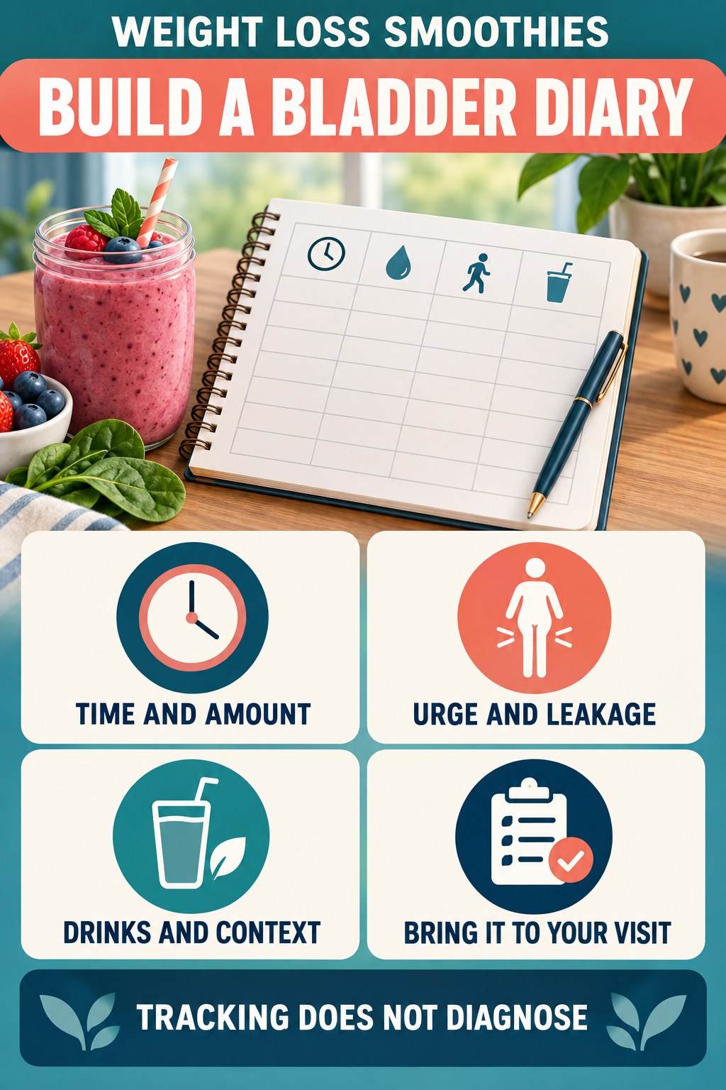 Build a Clear Bladder Diary urinary symptom tracking infographic for Weight Loss Smoothies with four practical diary points and a non-diagnostic reminder.