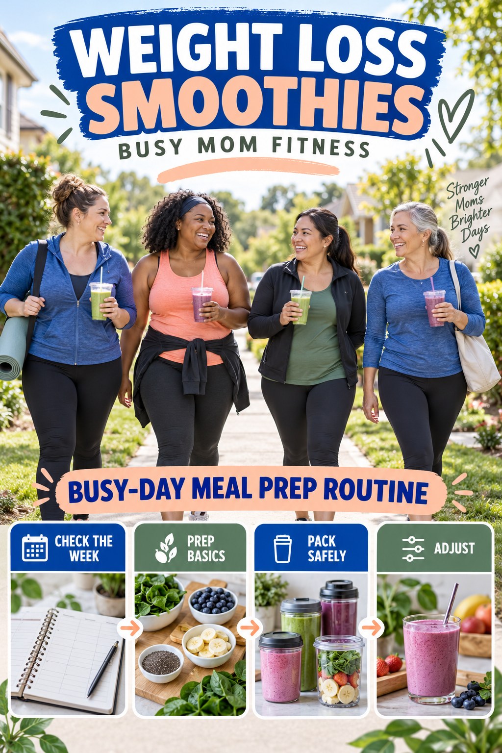 Weight Loss Smoothies busy-mom fitness graphic titled Busy-Day Meal Prep Routine with four practical movement prompts.