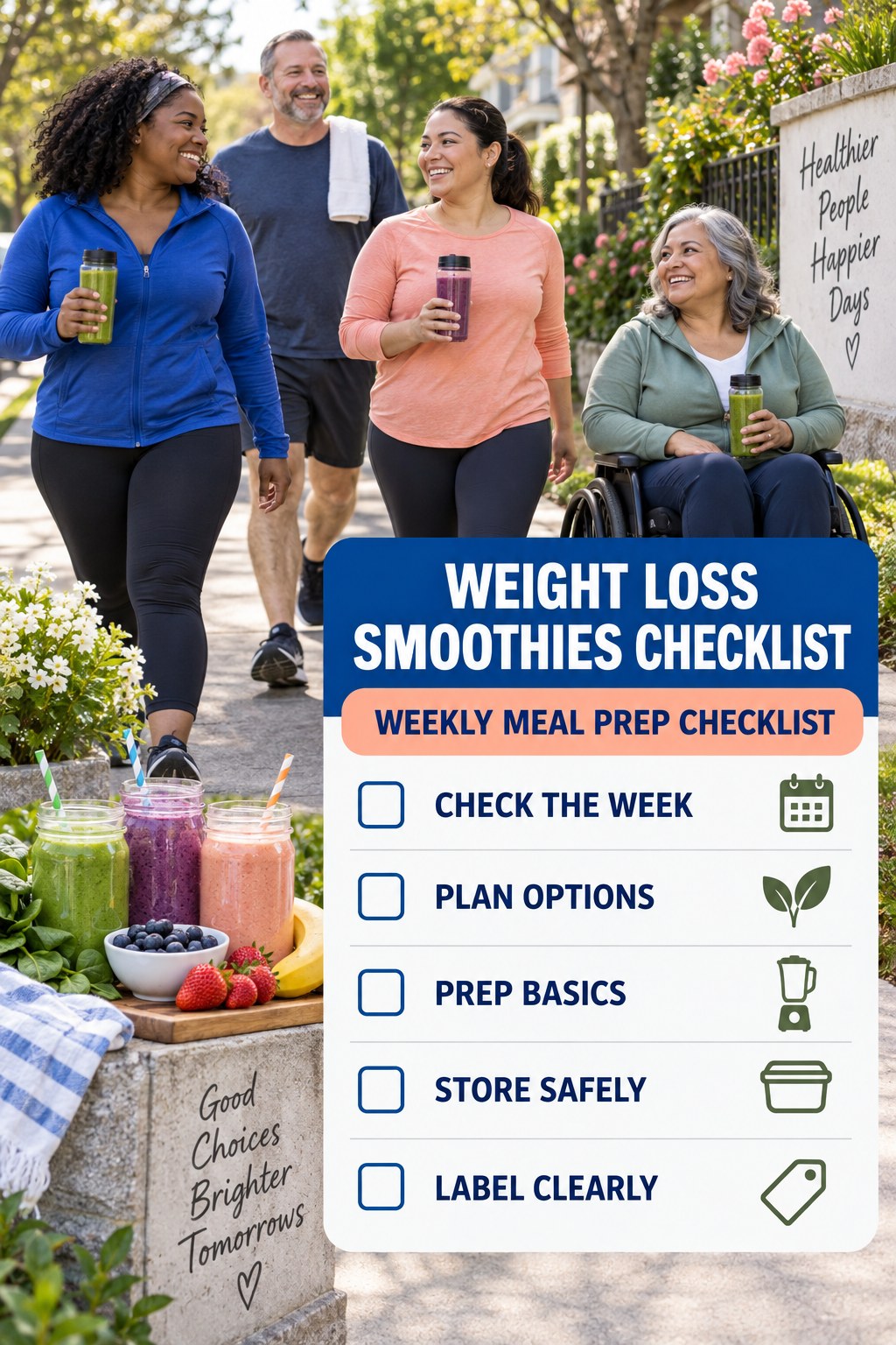Weight Loss Smoothies checklist graphic titled Weekly Meal Prep Checklist with five clear practical wellness items.