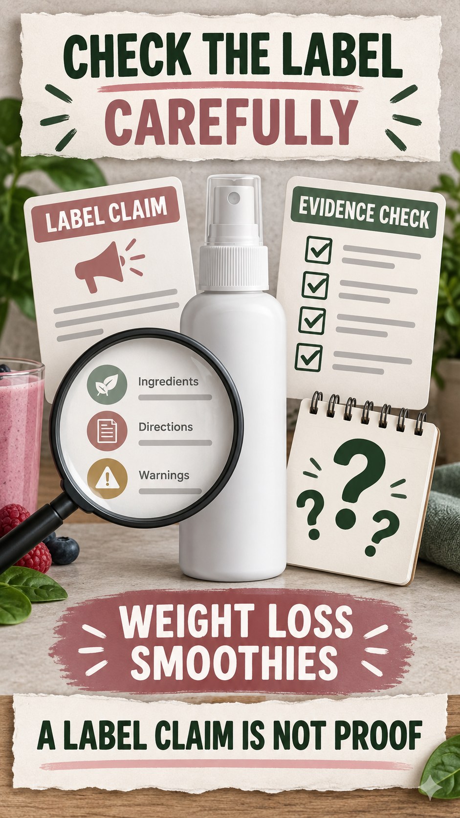 Claim Versus Evidence Review infographic for Weight Loss Smoothies, showing a generic spray-label checklist that separates available facts, missing details, and evidence questions.