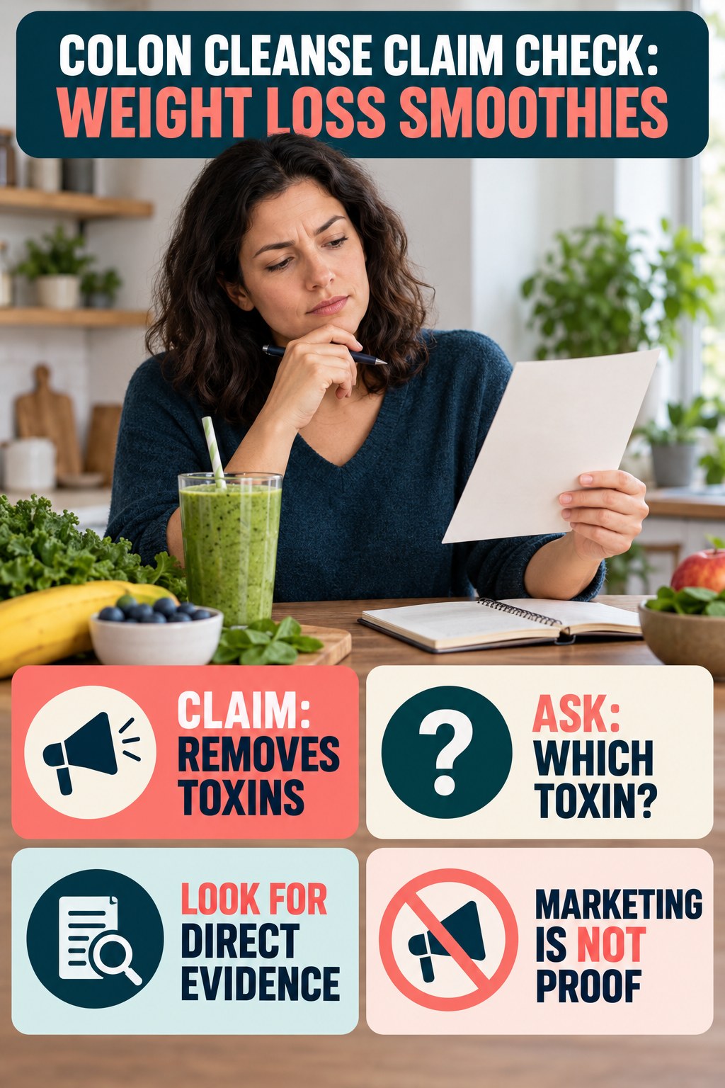 Undefined Toxin Claims infographic for Weight Loss Smoothies, separating a colon-cleanse marketing claim from evidence, reasonable conclusions, and safety context.